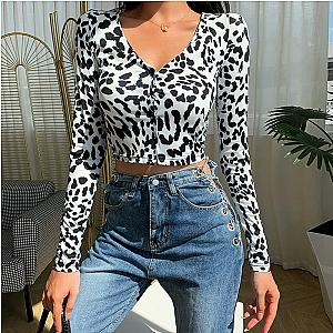 Cow Print V Neck Long Sleeve Button Up Sexy Skinny Crop Top T-shirt