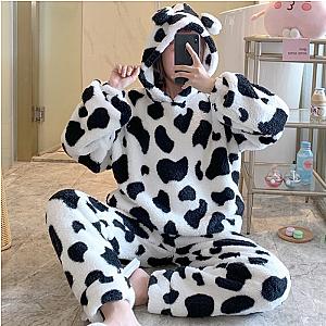 Super Kawaii Milk Cow Print Fleece Pajama Sleepwear For Women