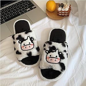 Kawaii Woman White Open-toe Cute Milk Cow Fluffy Indoor Slippers