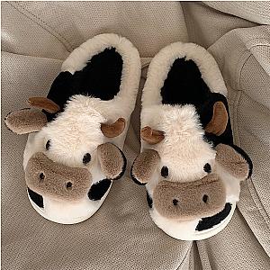 Cute Cartoon Milk Cow Print Home Fluffy Slipper For Girls