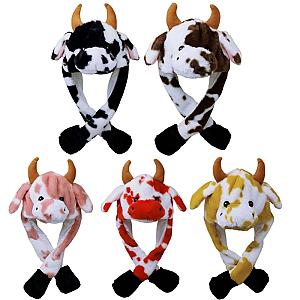 Cow Print Light Up Plush Animal Hat With Moving Jumping Ears