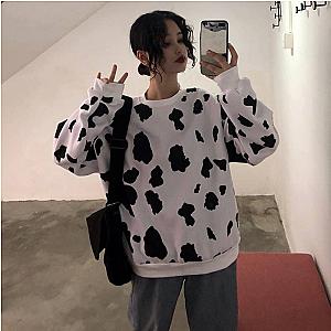 Cow Print Sweatshirt Cute Autumn Cow Milk Printed Sweater