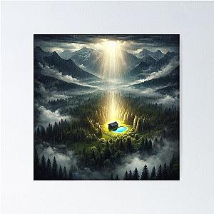 Celestial Descent: Light Beams Over a Solitary Cabin in the Mountains Poster