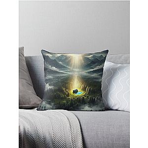 Celestial Descent: Light Beams Over a Solitary Cabin in the Mountains Throw Pillow