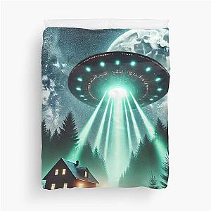 Alien Encounter: Nighttime Descent in the Woods with Celestial Sky Duvet Cover