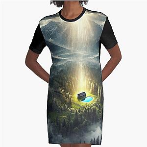 Celestial Descent: Light Beams Over a Solitary Cabin in the Mountains Graphic T-Shirt Dress