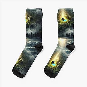 Celestial Descent: Light Beams Over a Solitary Cabin in the Mountains Socks