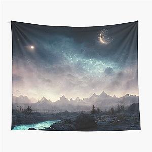 Mysterious Starry and Foggy Night Painting of Skyrim Mountains, Nature and Moon - Skyrim Elder Scrolls - Mountains, Stars, Fog, River Tapestry