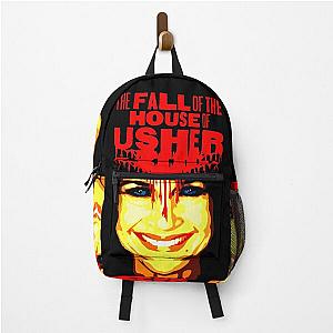 The Fall of the House of Usher Carla Gugino in a skull mask with a backpack