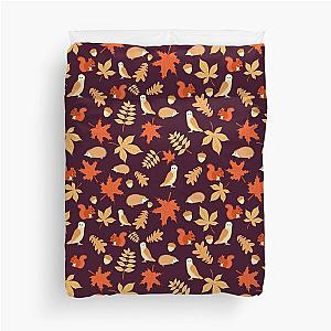 Dark Autumn Animals Duvet Cover featuring Squirrel, Owl, Hedgehog, and Leaves