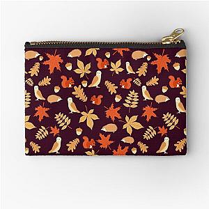 Zipper Pouch with Autumn Animals: Squirrel, Owl, Hedgehog, and Leaves