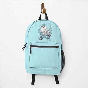 Snowy Owl Doodle in Blue Winter Scene Backpack