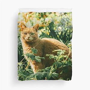 Colorful cat in the garden hiding says hey to you! Duvet Cover