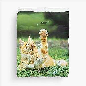 Friendly cat in the garden says hey to a leaf! Duvet Cover