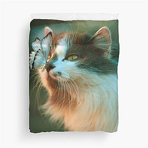 Aesthetic cat in the garden says hey to a butterfly! Duvet Cover