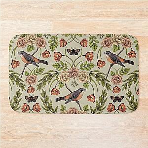 In The Garden - Nature Pattern w/ Birds, Flowers & Moths Bath Mat