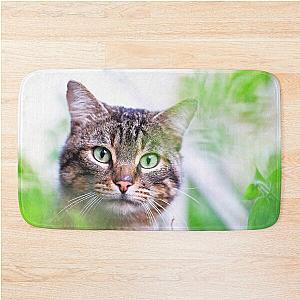 Hiding tiger like cat in the garden says hey to you! Bath Mat