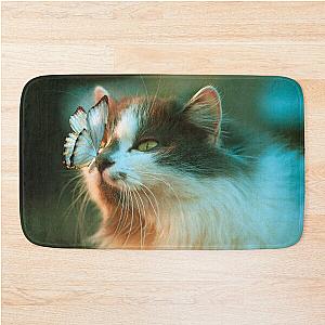 Aesthetic cat in the garden says hey to a butterfly! Bath Mat