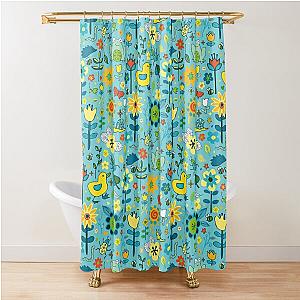 Ducks and Frogs in the Garden - Aqua and Lemon - floral pattern by Cecca Designs Shower Curtain