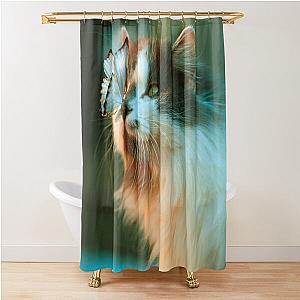 Aesthetic cat in the garden says hey to a butterfly! Shower Curtain