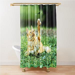 Friendly cat in the garden says hey to a leaf! Shower Curtain