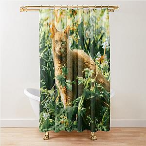 Colorful cat in the garden hiding says hey to you! Shower Curtain