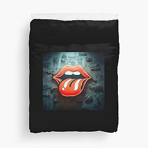 Neon light on urban wall: tongue and lips duvet cover