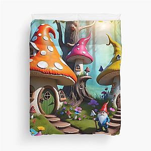 Whimsical Mushroom Village with Gnomes in Enchanted Forest Duvet Cover