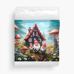 Three Spring Gnomes Outside a Forest House Surrounded by Mushrooms and Flowers Duvet Cover