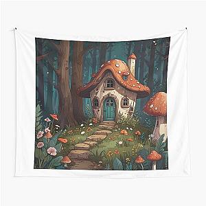 Enchanted Mushroom Cottage Cozy Cottagecore Art Tapestry