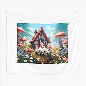 Spring Gnomes Outside a Forest House Surrounded by Mushrooms and Flowers Tapestry