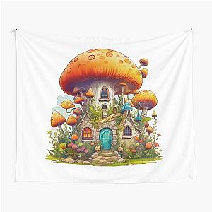 Colorful Fantasy Mushroom House Tapestry