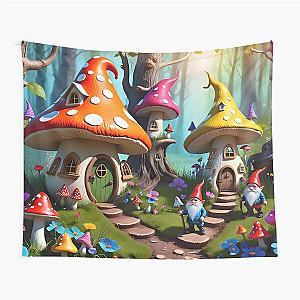 Whimsical Mushroom Village with Gnomes in the Enchanted Forest Tapestry