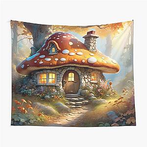 Cute Mushroom House in the Autumn Woods Late Afternoon Sunshine Tapestry