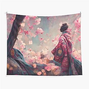 Woman in Kimono Under Sakura Cherry Blossom Petals Tapestry