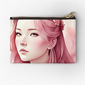 Beautiful Asian Woman Pink Hair Zipper Pouch