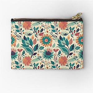 Orange and yellow bouquet of Flowers over a deep blue sea of leaves. The peaks of been a wallflowers. Zipper Pouch