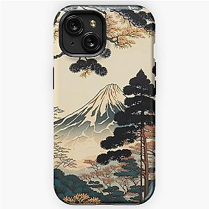 Ukiyo e style painting of Mount Fuji with large green trees iPhone Tough Case