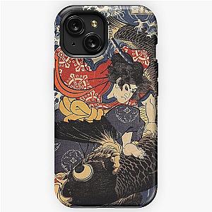 Japanese ukiyo-e woodblock print: Oniwakamaru about to Kill the Giant Carp by Utagawa Kuniyoshi (Dark Blue version) iPhone Tough Case