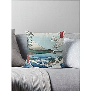 Hiroshige the Sea off Satta Japan with volcano, crashing waves and fishermen by Japanese ukiyo-e artist nature vintage watercolor painting HD HIGH QUALITY Throw Pillow