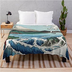 Hiroshige the Sea off Satta Japan with volcano, crashing waves and fishermen by Japanese ukiyo-e artist nature vintage watercolor painting HD HIGH QUALITY Throw Blanket