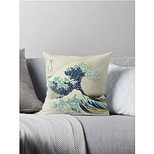 The Great Wave off Kanagawa by Japanese ukiyo-e artist Hokusai beige natural Hiroshige organic beige cream background nature painting HD HIGH QUALITY Throw Pillow