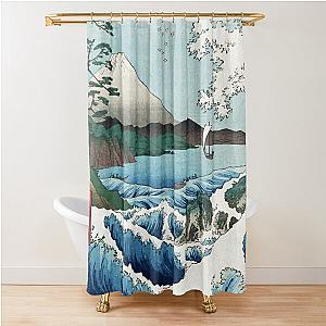 Hiroshige the Sea off Satta Japan with volcano, crashing waves and fishermen by Japanese ukiyo-e artist nature vintage watercolor painting HD HIGH QUALITY Shower Curtain