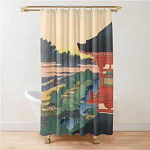 Red Pagoda over River Vintage Ukiyo-e Woodblock Print Shower Curtain