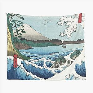 Hiroshige the Sea off Satta Japan with volcano, crashing waves and fishermen by Japanese ukiyo-e artist nature vintage watercolor painting HD HIGH QUALITY Tapestry