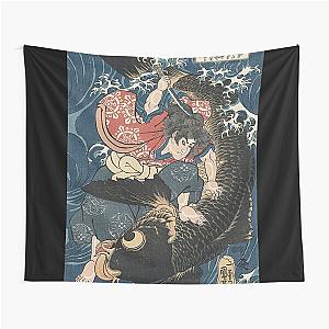 Japanese ukiyo-e woodblock print: Oniwakamaru about to Kill the Giant Carp by Utagawa Kuniyoshi (Teal version) Tapestry