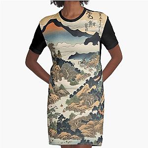 Vintage Asian Mountains in Japanese Ukiyo-e Style Graphic T-Shirt Dress