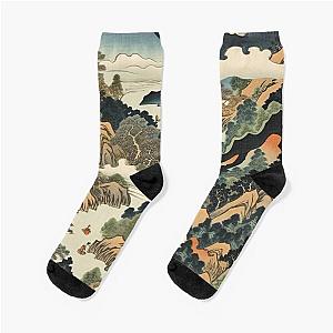 Vintage Asian Mountains in Japanese Ukiyo-e Style Socks