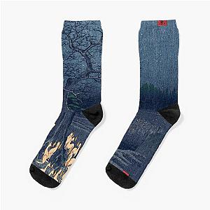 Foxes at Night Shrine Vintage Ukiyo-e Japanese Art Socks