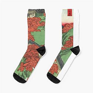 Ukiyo-e print Japanese Temple, Bridge, Mountain Landscape Socks